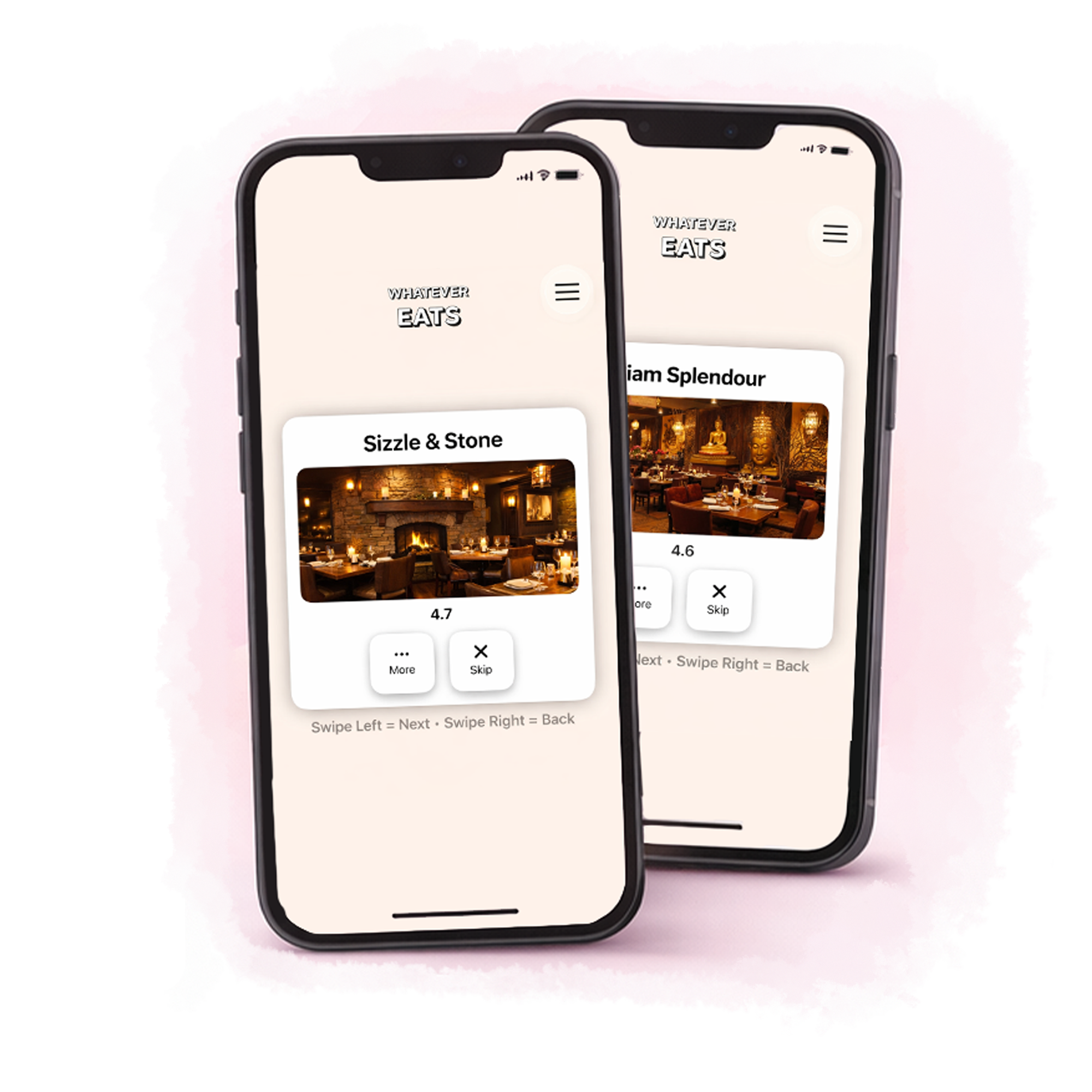 Whatever Eats app screens showing restaurant suggestions and filters